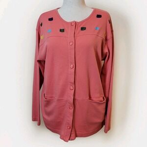 Vintage Euro Joy Cardigan Women's M/L Jacket Embroidered Pink Pocket Button 80s